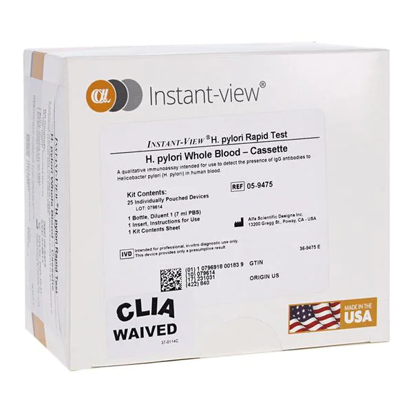 Rapid Test Kit Instant-view® Infectious Disease Immunoassay H. Pylori Whole Blood Sample 25 Tests CLIA Waived by Alfa Scientific Designs Inc  ID 05-9475